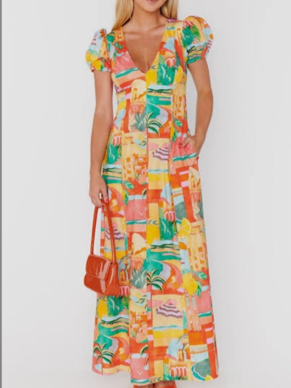 Show Me Your MuMu Multicolor Patchwork Tropical V-Neck Maxi Dress. Xl